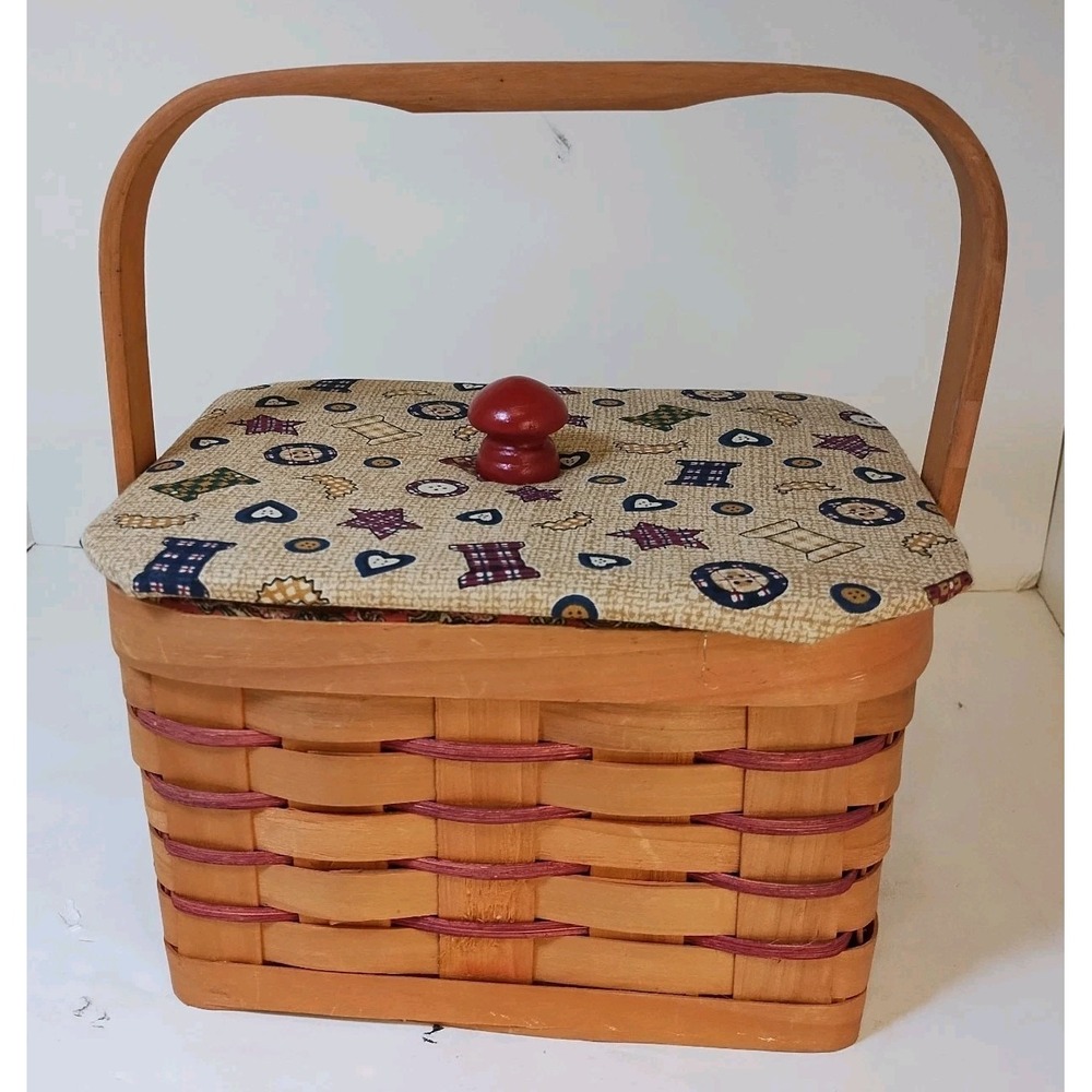 Sewing Basket Single Handle Woven Wood With Fabric Covered Lid Red 8x7x5